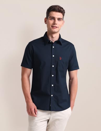 U.S. POLO ASSN. Mens Half Sleeve Oxford Stretch Shirts (USSHTC0046H_Navy_L)