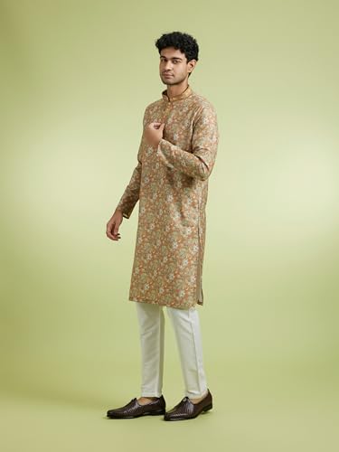 DIWAS BY MANYAVAR Men's Cotton Blend Printed Festive Kurta Set (2pc) (Yellow, XL)