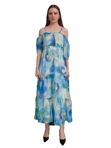 Zink London Women's Blue Abstract Flared Maxi Dress