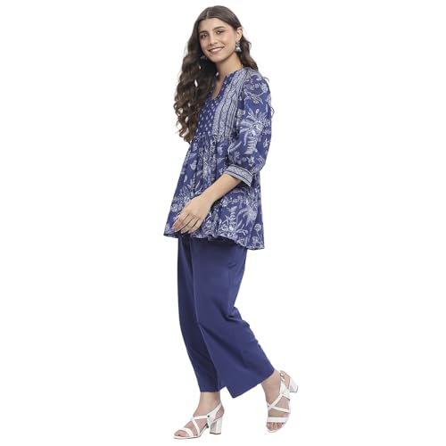 BIBA Women's Indigo Cotton Gathered Printed Co-ord Set_42