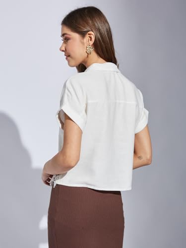 Latin Quarters Women White Collar Neck Half Sleeve Printed Shirt Blouse_L