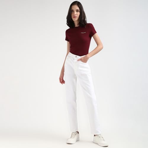 Tommy Hilfiger Wine Cotton Solid Women Slim Fit T-Shirt