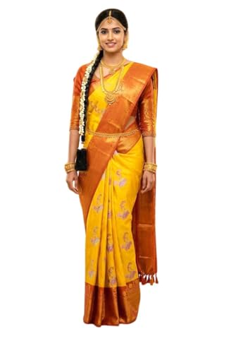 VFCollections Women's Traditional Handloom Kanchipuram Silk Pure Pattu Sarees | Rich Zari Woven Design | Unstitched Blouse (VFC135-12)