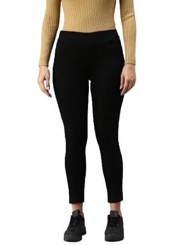 De Moza Women Jegging Woven Bottom Solid Cotton Black