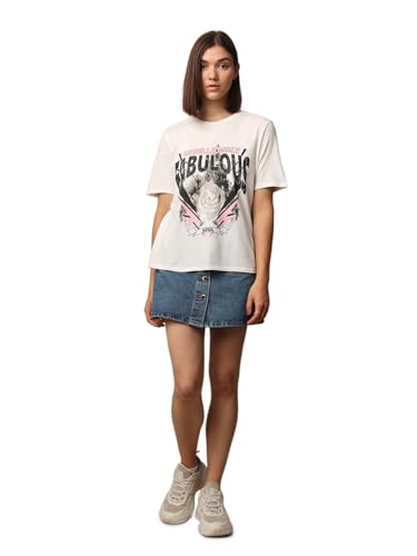 ONLY Women Graphic Printed Regular Fit Casual White Round Neck T-Shirt