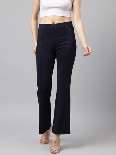 Latin Quarters Women Navy Blue Solid High Rise Stretch Trousers with Slip On Closure and Full Length for Casual Wear