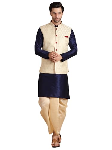 Uri and MacKenzie Men Kurta Dhoti with Waistcoat Jacket Blue Golden