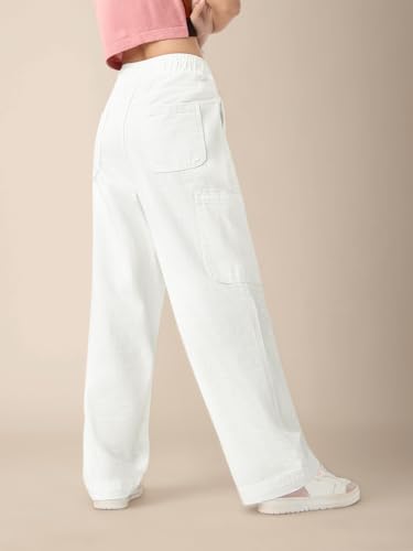The Souled Store Pull on Denim: Astral White Women and Girls Elastic Waistband White Solid Cotton Lightweight Utility Casual Trendy Straight Fit Cargo Pants