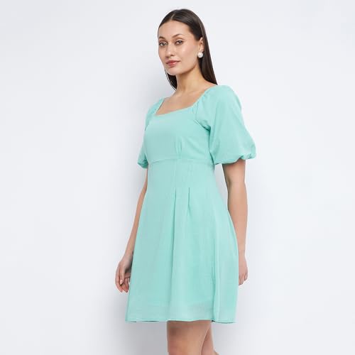 Madame Off-Shoulder Sea Green Chequered Dress