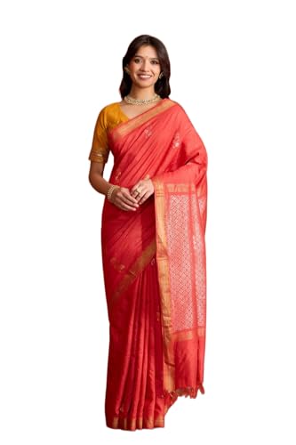 Taneira Women Red Pure Tussar Silk Chattisgarh Woven Saree With Unstitched Blouse Piece (SAPH01AB2954-Red)
