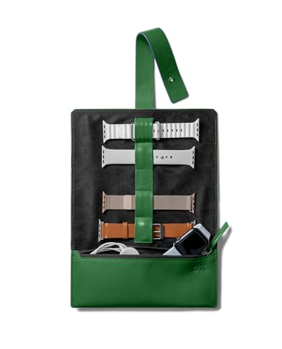 DailyObjects Row Portable Smart Watchband Organiser Case | Compatible with Apple Watchbands | Holds Upto 4 Band/Straps | Vegan Leather | Zipper Compartment with Charger Pocket - Green
