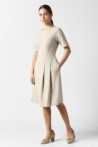 Women Beige Print Knee Length Formal Dress