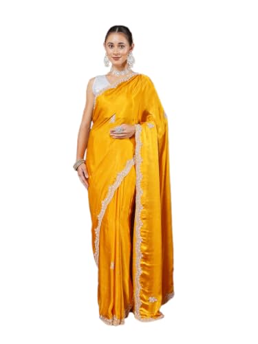 Meena Bazaar Chinon Saree For Women |MUSTARD Colour