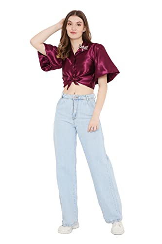 OJ Women's Purple Tie-up Crop Shirt (Medium)