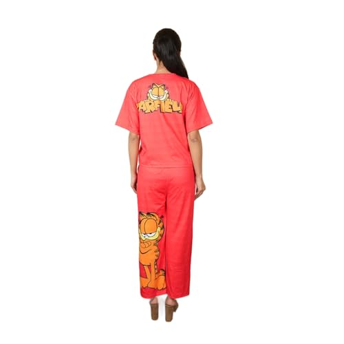 fashiontownie Co-ord Set for Women with Garfield Print | Imported Fabric Casual Wear | Trendy T-Shirt & Pant Set | Stylish Lounge & Streetwear Outfit (Red) (Free Size)