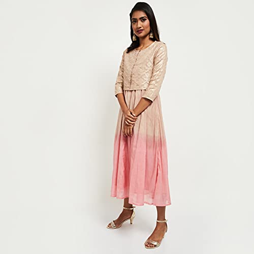 Max Women Printed Midi Dress with Sheen Top (IIFE21MX8_Peach_S)