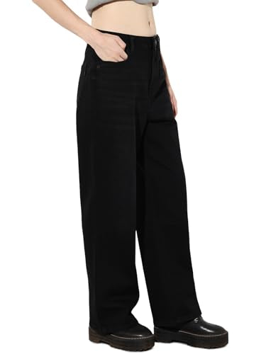 ONLY Women's Solid Straight Fit Mid-Rise Black Jeans