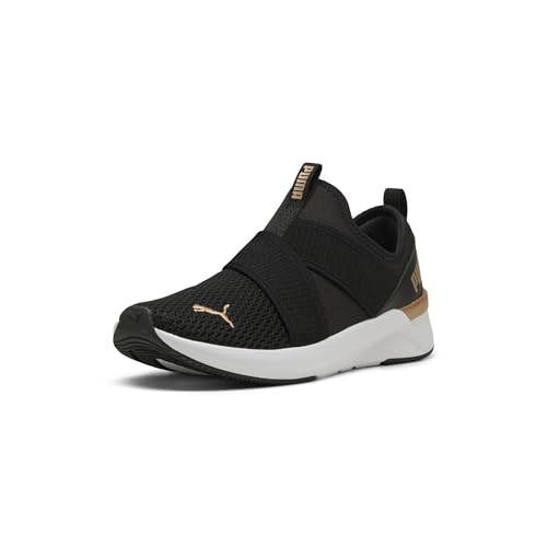 PUMA Women's Softride Harli Slip on Training Shoes Sneaker, Black-white-gold, 5 UK