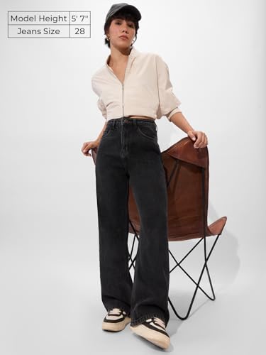 The Souled Store Solids: Charcoal Women and Girls Buttoned Cotton Straight Fit Jeans