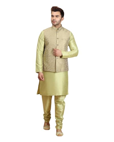 Ethluxis Men's Silk Blend Floral Kurta Pyjama Jacket Set (44, Lime), Green