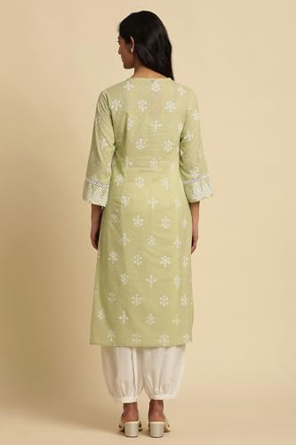 W for Woman Women's Cotton Floral Regular Kurta (24FEW10491-123114_Light Green