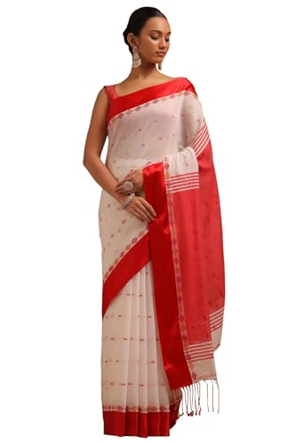Soch Womens White Cotton Woven Design Saree