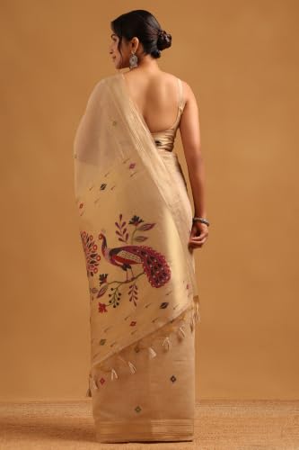 Soch Womens Beige Chanderi Bird Motifs Zari Woven Saree