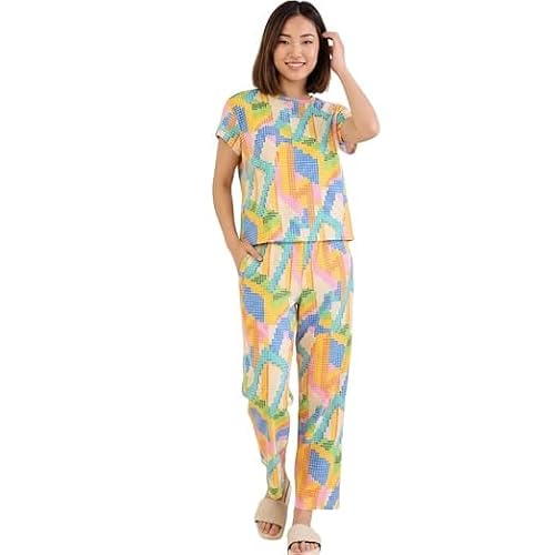 HEY FUN Women's Pixel Pattern Co Ord Set Soft Comfortable Matching Top and Bottom Casual Lounge Wear Relaxed Fit Stylish Printed Two Piece Outfit for Home Wear Daily Wear Travel and Sleepwear (L)