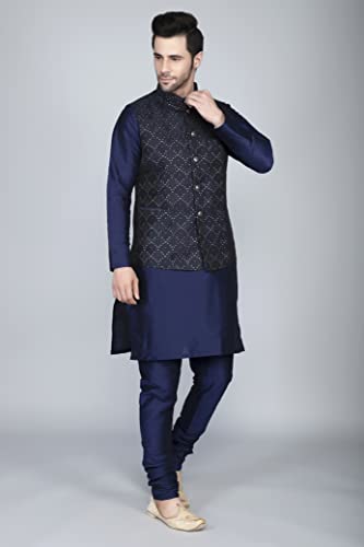 Ethluxis Men's Silk Blend Kurta Churidar Pyjama With Ethnic Bundi Jacket Set (38, Navy/Navy, Regular Fit)