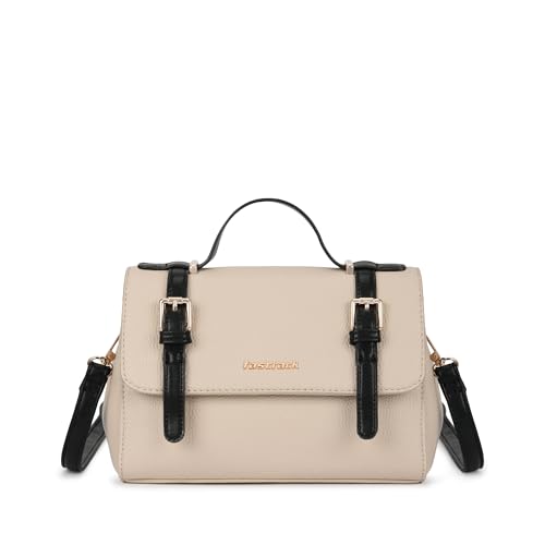 Fastrack Monochrome Muse Satchel | Faux-Leather Women’s Handbag in White & Black | Buckle-Flap Design with Dual Carry Options & Multi-Compartment Interior