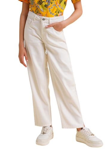 VERO MODA Girl's Loose Fit Mid Rise White Jeans