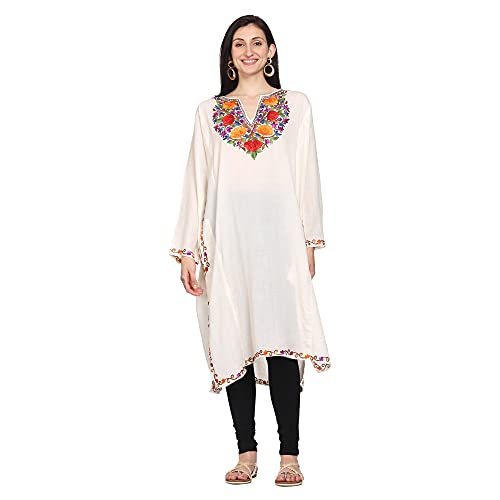 CRAFTBAZAR Kashmiri White phiran with Multi Colour Embroidery 100% Wool Plus Size