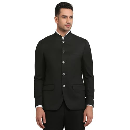 Raymond Men Regular Fit Solid Pattern Poly Viscose Elastane Blend Stand Collar Full Sleeve Ceremonial Jacket (Size: 44)-RIJI00123-K8 Black