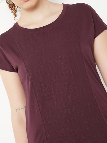 Max Women Embroidered Panel T-Shirt (Burgundy_M)