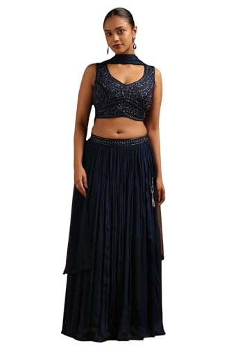 Soch Womens Navy Blue Chinon Embroidered Lehenga Choli With Cutwork And Sequins