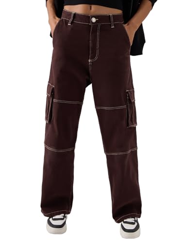 The Souled Store TSS Originals: Copper Women and Girls Straight Fit Cotton Cargo Jeans Women Jeans Bottoms Casual Lounge Pants Fashionable Outdoor Comfy Stretchy Breathable Lightweight Stylish Wide