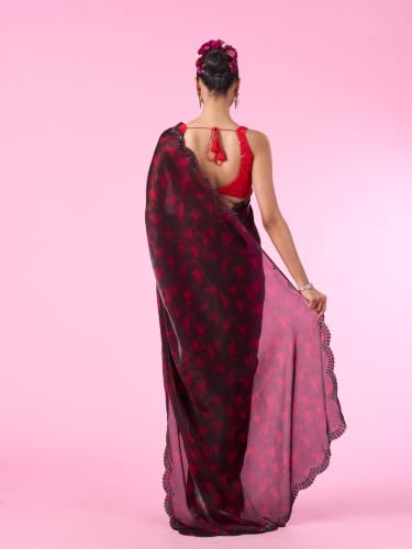 MOHEY Women's Organza Printed & Stone Work Saree with Blouse Piece (Rani)