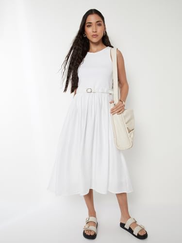 Max Women Solid A-line Midi Dress with Belt (Off White_S)