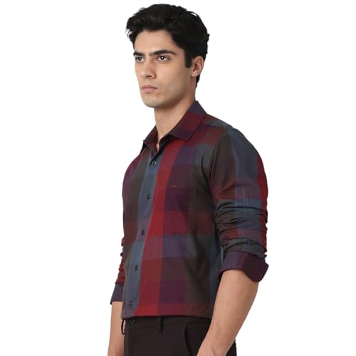 MUFTI Men Shirt | Slim Fit Spread Collar Plaid Tartan Design | 100% Cotton Twill Fabric with Chest Pocket & Curved Hem | Smart Casual Deep Burgundy Red 6XL