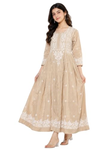 Chikankari Gown Beige Floral Embroidered Anarkali Size M