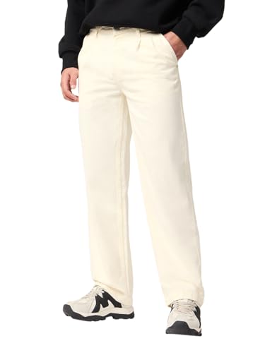 The Souled Store Pleated Denim: Polar Ice Men and Boys Zip Fly Cream Solid Cotton Twill Straight Fit Breathable Front Pleated Lightweight Everyday Denim Jeans
