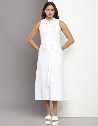 Tommy Hilfiger Women's Cotton Fit and Flare Midi Casual Dress (F23HWDR014_White