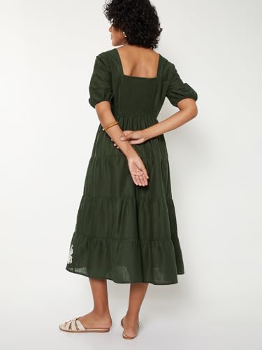 Max Women Embroidered Tiered Dress (Green_M)