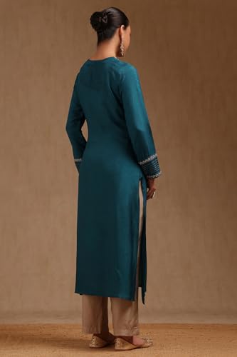 Soch Womens Teal Blue Dola Silk Solid Kurta