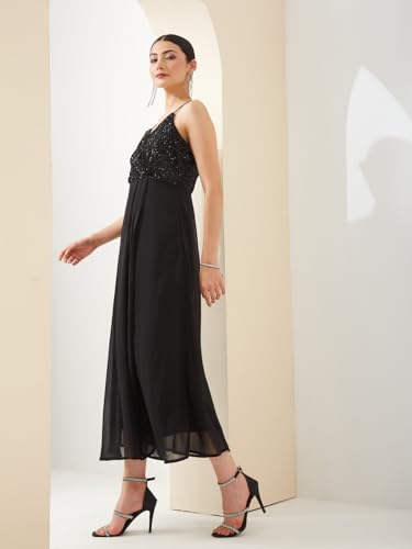 Latin Quarters Women Black V- Neck Sleeveless A-Line Sequined Party Dress_L