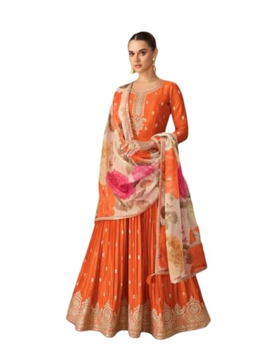 Miss Ethnik Women's Orange Chinon Stitched Gown With Dupatta Full Sleeve Embroidered A-Line Gown (ME-1307-Orange-M)