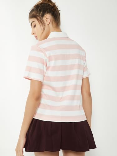 Max Women Striped Johnny Collar Sports T-Shirt (Pink_S)