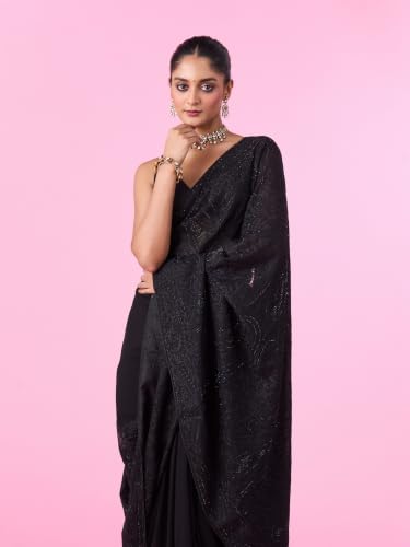 MOHEY Women's Georgette Stone Work & Thread Work Saree with Blouse Piece (Black)