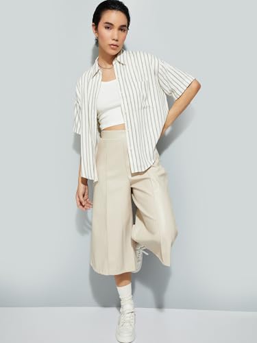Max URB_N Women Embroidered Striped Oversized Shirt (Ivory_L)