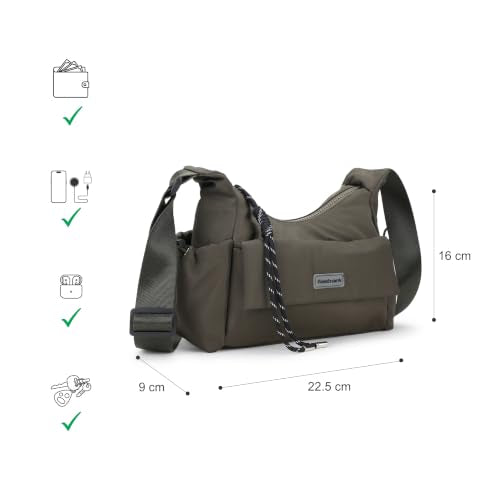 Fastrack Urban Olive Sling Bag for Women | Lightweight Nylon Crossbody Bag | Spacious Compartment with Organizer Pockets | Front Magnetic Pocket | Side Bottle Holders | Adjustable Webbing Strap